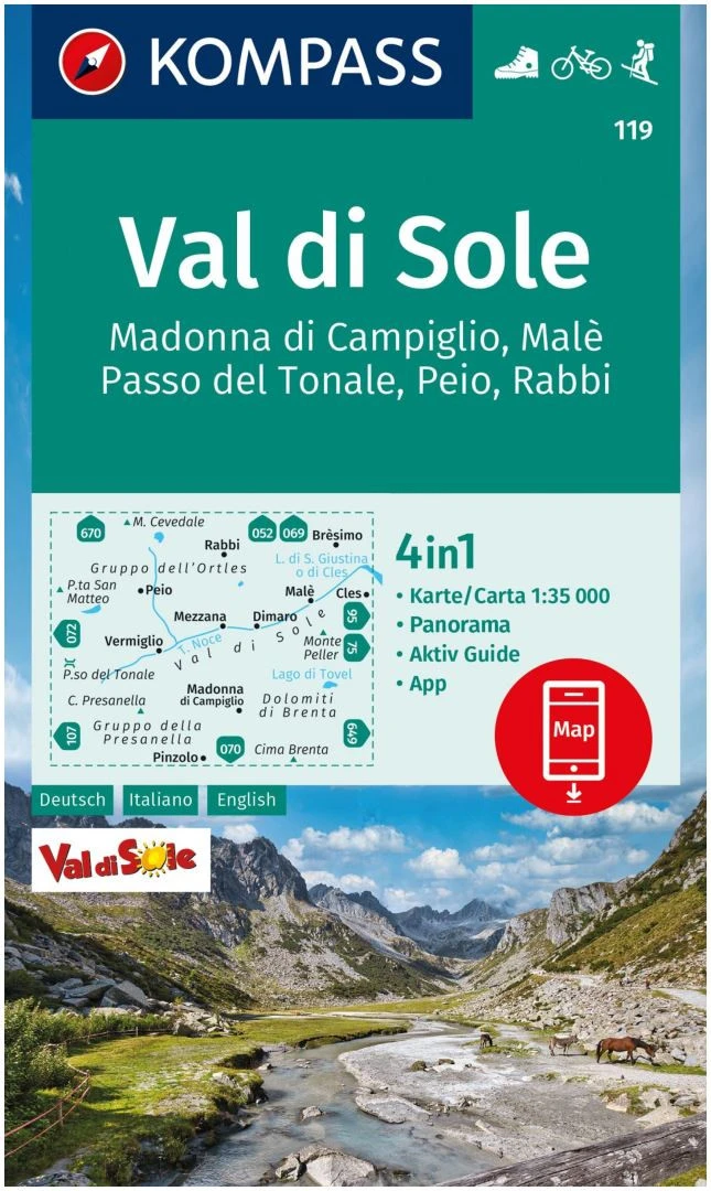 Kompass Wanderkarte 119 Val WO Sole, Madonna WO Campiglio, Malè, Passo Del Tonale, Peio, Rabbi